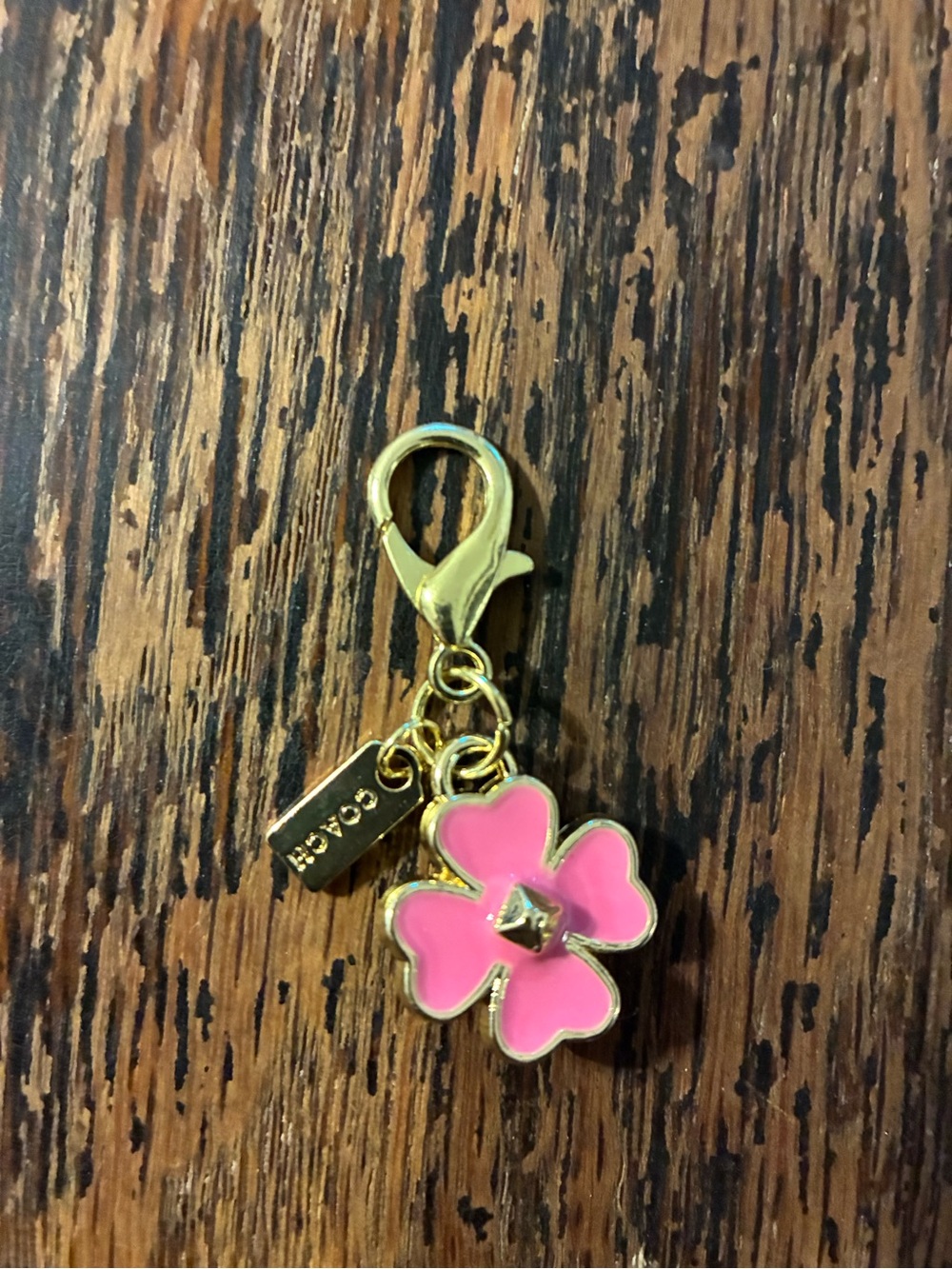 Coach Pink Enamel & Gold Flower Bag Charm Keychain Mini